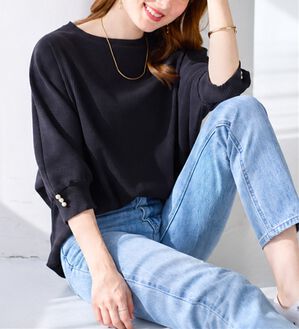 alotta（アロッタ）の「【接触冷感】袖口パールゆるドルマンリブトップス（カットソー）」｜ネイビー