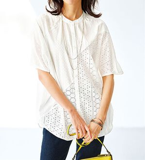 BELLUNA（ベルーナ）の「ゆったり涼やか！綿１００％刺しゅう切替チュニック（チュニック）」｜オフ白