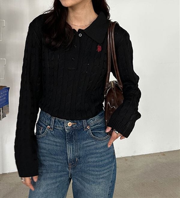 RANAN（ラナン）の「＜Ｕ．Ｓ．Ｐ＞刺繍長袖ケーブルポロニット（ニット・セーター）」｜詳細画像