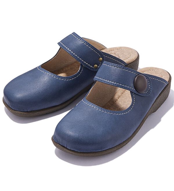 「日本製　サイドボタンサンダル（サンダル・ミュール）」｜ネイビー