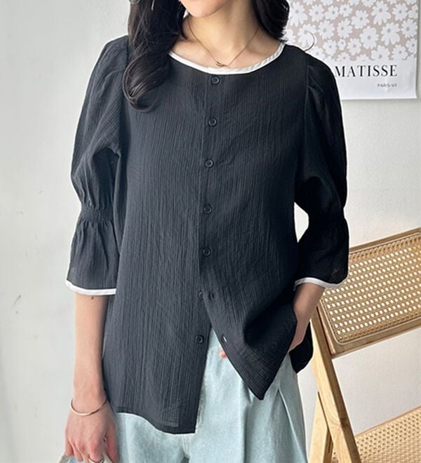 GeeRA（ジーラ）の「前後２ＷＡＹ配色パイピング５分袖ブラウス（ブラウス）」｜詳細画像