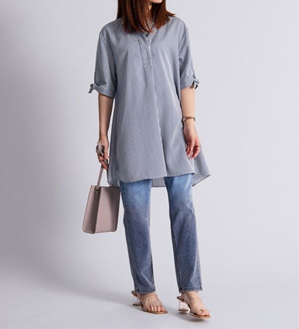 BELLUNA（ベルーナ）の「【接触冷感】麻調素材袖リボン使いシャツチュニック（チュニック）」｜詳細画像