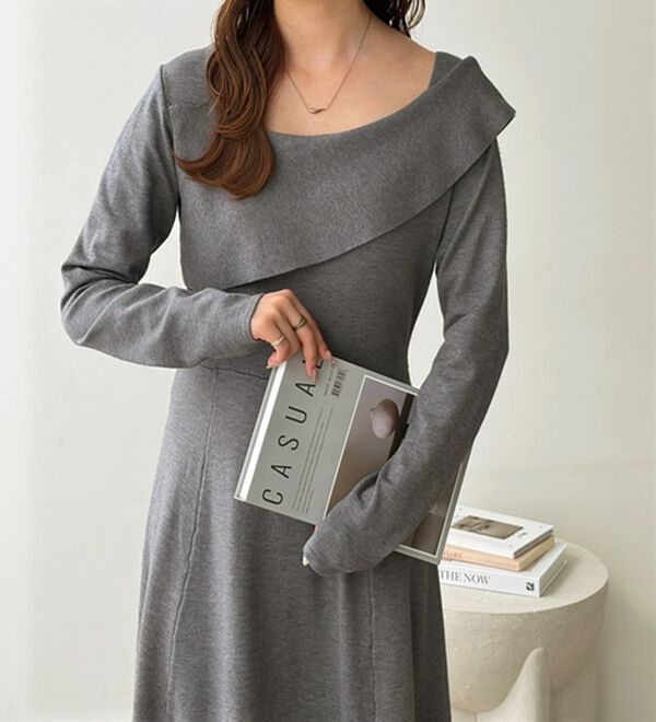 GeeRA（ジーラ）の「オフショル風アシメネックロングニットワンピｰス（ニットワンピース）」｜杢グレー