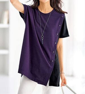 BELLUNA（ベルーナ）の「ボタン使い配色切替デザインチュニック（チュニック）」｜パープル／黒