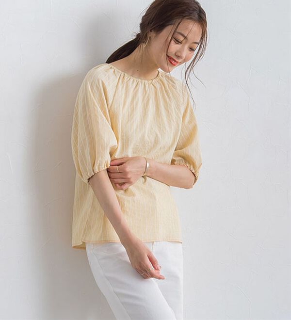 Pierrot（ピエロ）の「ストライプギャザーブラウス（ブラウス）」｜詳細画像