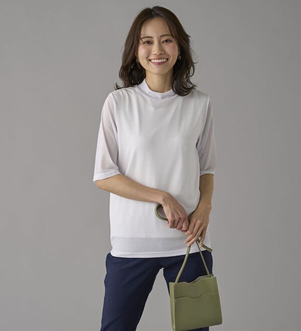 BELLUNA（ベルーナ）の「【５分袖】チュール切替上品インナー（カットソー）」｜詳細画像