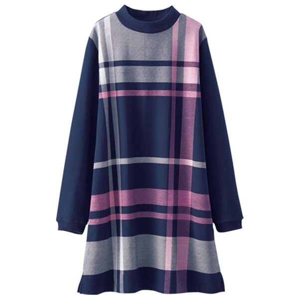 BELLUNA（ベルーナ）の「軽くてあったか裏起毛プリントチュニック（チュニック）」｜ネイビー(チェック柄)