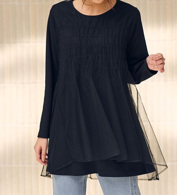 RANAN（ラナン）の「ふんわりあったか素材チュール重ねチュニック（チュニック）」｜ブラック