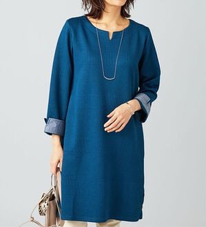 BELLUNA（ベルーナ）の「ボタン使いボーダージャカードワンピース（その他ワンピース）」｜ターコイズ