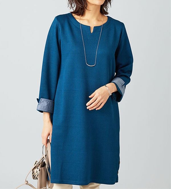 BELLUNA（ベルーナ）の「ボタン使いボーダージャカードワンピース（その他ワンピース）」｜ターコイズ