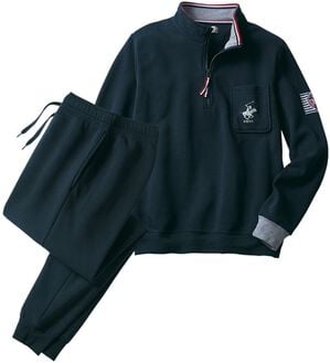 「＜ビバリーヒルズ・ポロクラブ＞ブランドロゴセットアップスーツ（メンズルームウェア）」｜ネイビー(ハーフジップ)