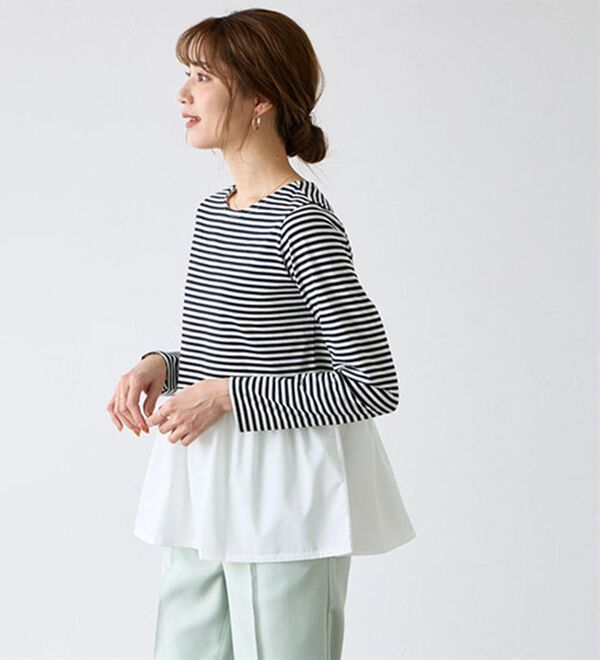 Pierrot（ピエロ）の「異素材ドッキングフリルギャザーペプラムカットソー（カットソー）」｜詳細画像