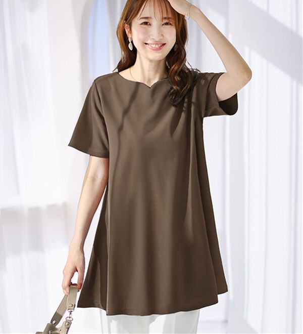 alotta（アロッタ）の「【接触冷感】さらっと快適！高見えフレアーロングチュニックＴシャツ（チュニック）」｜モカブラウン