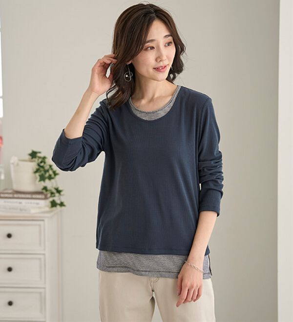 BELLUNA（ベルーナ）の「ボーダーレイヤード風デザインプルオーバー（カットソー）」｜詳細画像