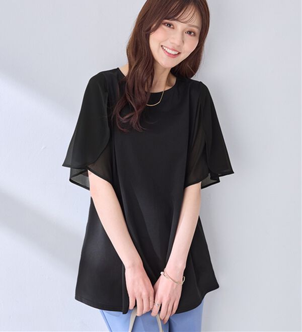 alotta（アロッタ）の「【接触冷感】袖異素材フレア袖チュニックＴシャツ（チュニック）」｜ブラック