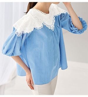 RANAN（ラナン）の「レース切替ボリューム袖ブラウス（ブラウス）」｜ブルーストライプ