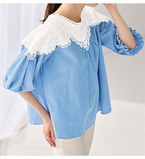 RANAN（ラナン）の「レース切替ボリューム袖ブラウス（ブラウス）」｜ブルーストライプ