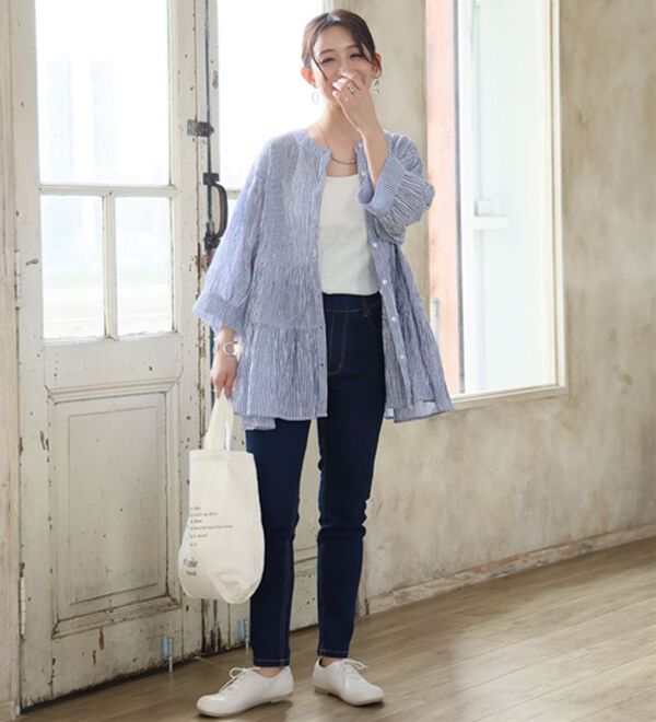 A HAPPY MARILYN（アハッピーマリリン）の「【Ｌ～６Ｌ】【風通るプレミアム】綿・楊柳七分袖ティアードブラウス（ブラウス）」｜詳細画像