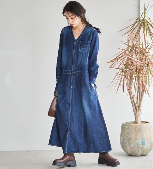 ロング丈デザインデニムワンピース - ベルーナ【公式】