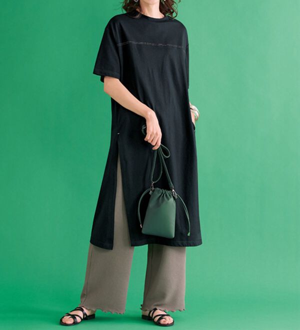 BELLUNA（ベルーナ）の「ひんやり綿１００％スリットワンピース＆ポコポコパンツ（カットソーワンピース）」｜詳細画像