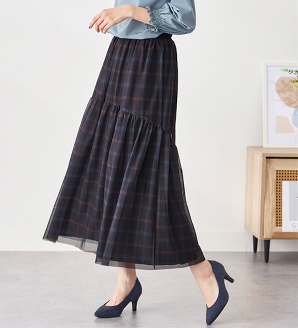 BELLUNA（ベルーナ）の「２倍の着こなし！チュールプリントスカート（ロングスカート）」｜詳細画像