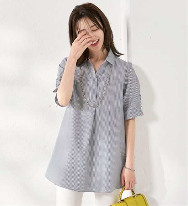 BELLUNA（ベルーナ）の「【接触冷感】麻調素材袖パール付シャツチュニック（チュニック）」｜詳細画像