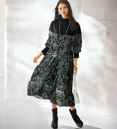 BELLUNA（ベルーナ）の「【Ｌａｇｒｉｌｕａ】リブ切替プリントワンピース（ニットワンピース）」