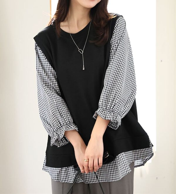 A HAPPY MARILYN（アハッピーマリリン）の「【Ｌ～６Ｌ】華奢魅せ&times;お洒落さっと着てパッと可愛い１枚で完成ドッキングトップス（カットソー）」｜詳細画像