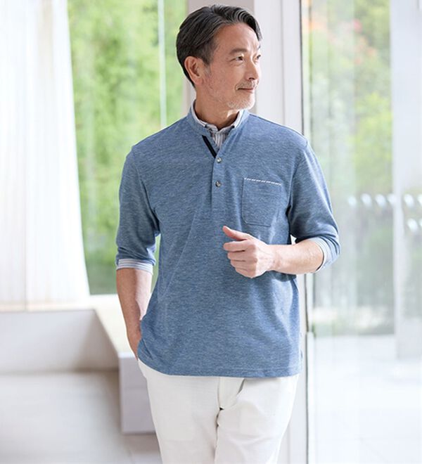 「＜カルビア＞麻入り７分袖ダブル衿ポロ（メンズポロシャツ）」｜詳細画像