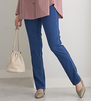 BELLUNA（ベルーナ）の「【選べる裏側】ぐん伸びニットデニムパンツ（フルレングスパンツ）」｜ブルー