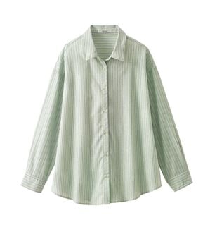 BELLUNA（ベルーナ）の「麻入りイージーケアゆったりシャツ（シャツ）」｜グリーンストライプ