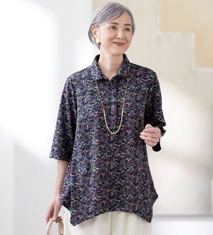 ルフラン（ルフラン）の「日本製ちび衿ニットちりめんブラウス（ブラウス）」｜パープル系小花