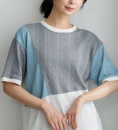 BELLUNA（ベルーナ）の「ミニケーブル柄パッチワーク風プルオーバー（カットソー）」