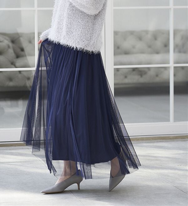 RANAN（ラナン）の「ふわっと可愛いフリルギャザーチュールスカート（ロングスカート）」｜ネイビー