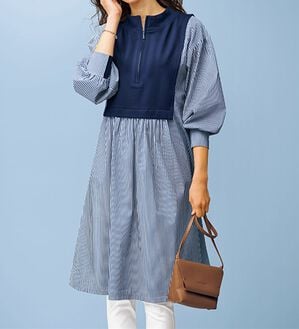 BELLUNA（ベルーナ）の「ハーフジップ使いストライプ切替ワンピース（チュニック）」｜ネイビー系
