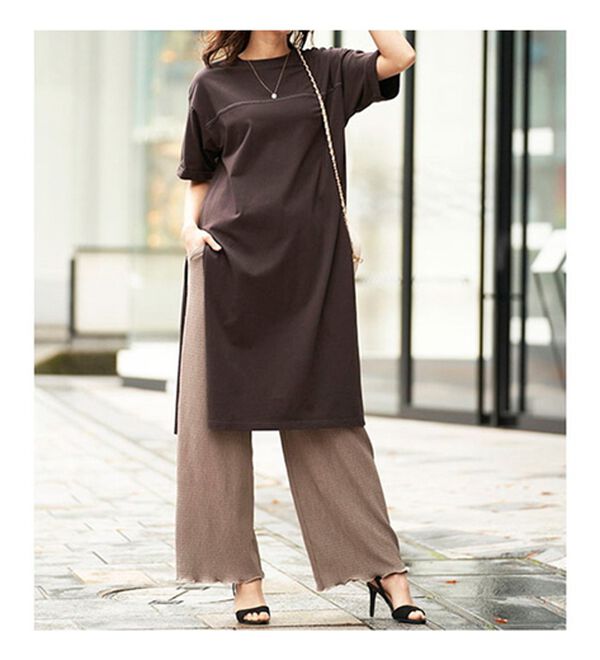 BELLUNA（ベルーナ）の「【楊柳イージーパンツ付】ひんやり！スリットデザインワンピース（カットソーワンピース）」｜詳細画像