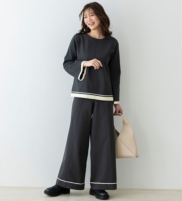 BELLUNA（ベルーナ）の「配色ライン使いニットワイドパンツ（ワイドパンツ・ガウチョ）」｜詳細画像