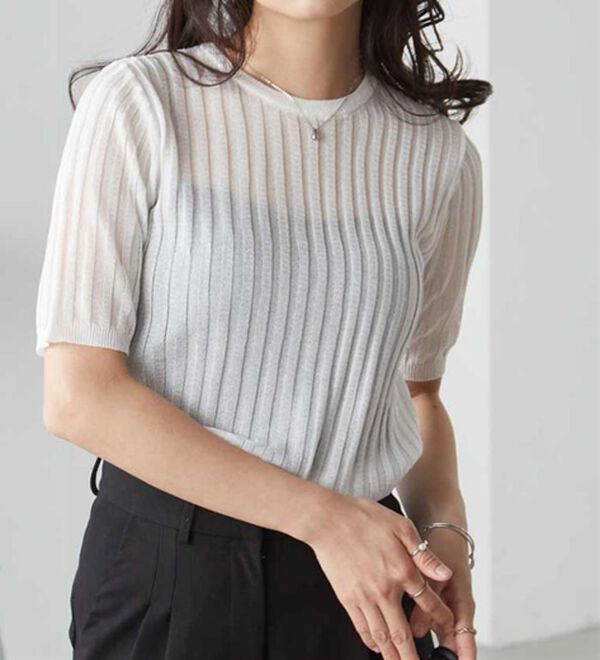 RANAN（ラナン）の「5分袖シアーラメリブニット（ニット・セーター）」｜詳細画像