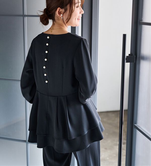 RANAN（ラナン）の「【２点セット】洗える！バックパール調ペプラムチュニックセットアップ（パンツスーツ）」｜詳細画像