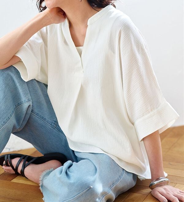 BELLUNA（ベルーナ）の「綿１００％楊柳素材ドルマンチュニック（チュニック）」｜オフ白