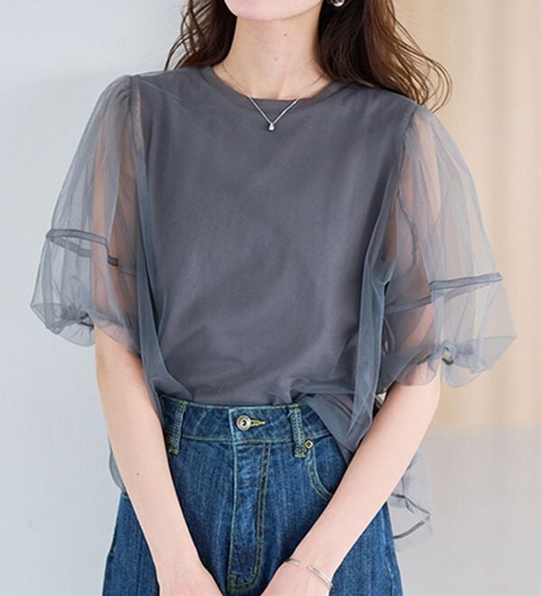 RANAN（ラナン）の「【ひんやり】チュールレイヤードパフスリーブTシャツ（カットソー）」｜詳細画像