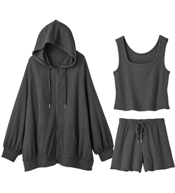 YU'NOW（ユナウ）の「ワッフルルームウェア３点セット（パジャマ・ルームウェア）」｜チャコールグレー