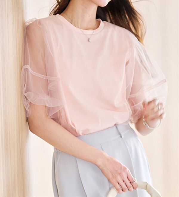 RANAN（ラナン）の「【ひんやり】チュールレイヤードパフスリーブTシャツ（カットソー）」｜詳細画像