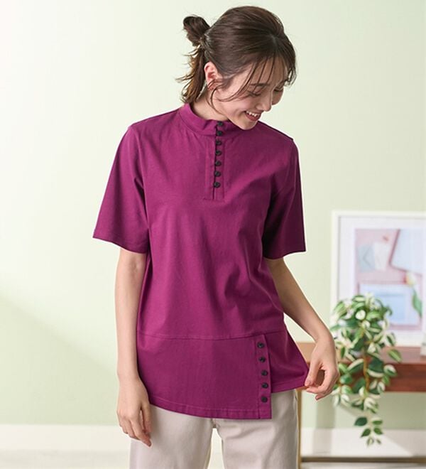 BELLUNA（ベルーナ）の「汗染み対策！綿１００％多ボタンハイネックＴシャツ（カットソー）」｜詳細画像