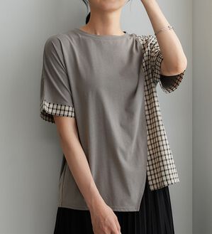 BELLUNA（ベルーナ）の「チェック切替アシンメトリープルオーバー（カットソー）」｜グレー系