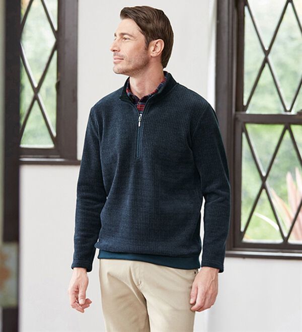 「裏ベロアのお洒落なダブル衿ハーフジップトレーナー（メンズカットソー）」｜詳細画像