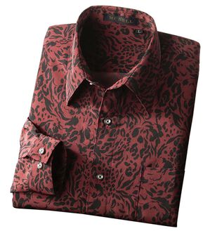 「バラ風アニマル柄プリントシャツ（メンズシャツ）」｜エンジ&times;黒