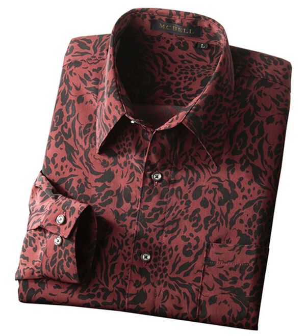 「バラ風アニマル柄プリントシャツ（メンズシャツ）」｜エンジ&times;黒