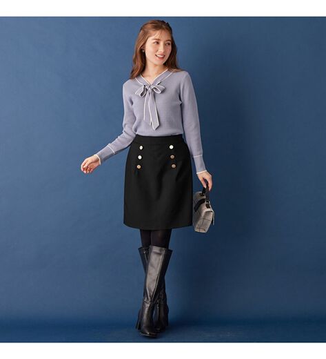 ベルト付ダブルボタンスカート 黒のプリーツスカート ダブルボタン ベルト付き ダブルベルト付