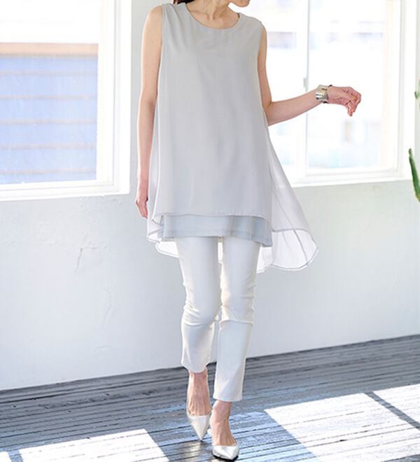 ひんやり！ノースリーブ異素材使いフレアーチュニック - ベルーナ【公式】